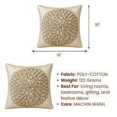 Machine Crafted Beige Cushion Cover – 16"x16" | Elegant Gold Floral Embroidery | Premium Poly-Cotton Decorative Cushion Cover