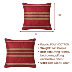 Handcrafted Maroon Cushion Cover – 16"x16" | Striped Embellished Design | Premium Poly Cotton