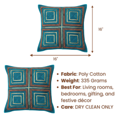 Handcrafted Turquoise Cushion Cover – 16"x16" | Heavy Embroidered Square Design | Premium Poly Cotton