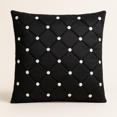 Handcrafted Black Cushion Cover – 16"x16" | Poly Cotton | Diamond-Quilted Texture with Crystal Accents | Luxe Modern Décor