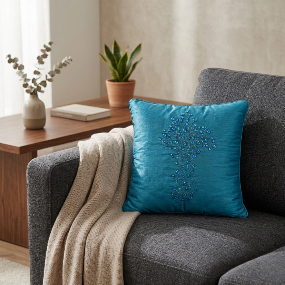 Hand Crafted Cushion Cover – Blue | 12"x12" | Poly Cotton | Embroidered Floral Design