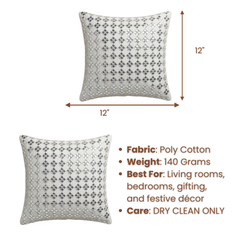 Handcrafted White Cushion Cover – 12"x12" | Elegant Silver Geometric Embroidery | Premium Poly Cotton