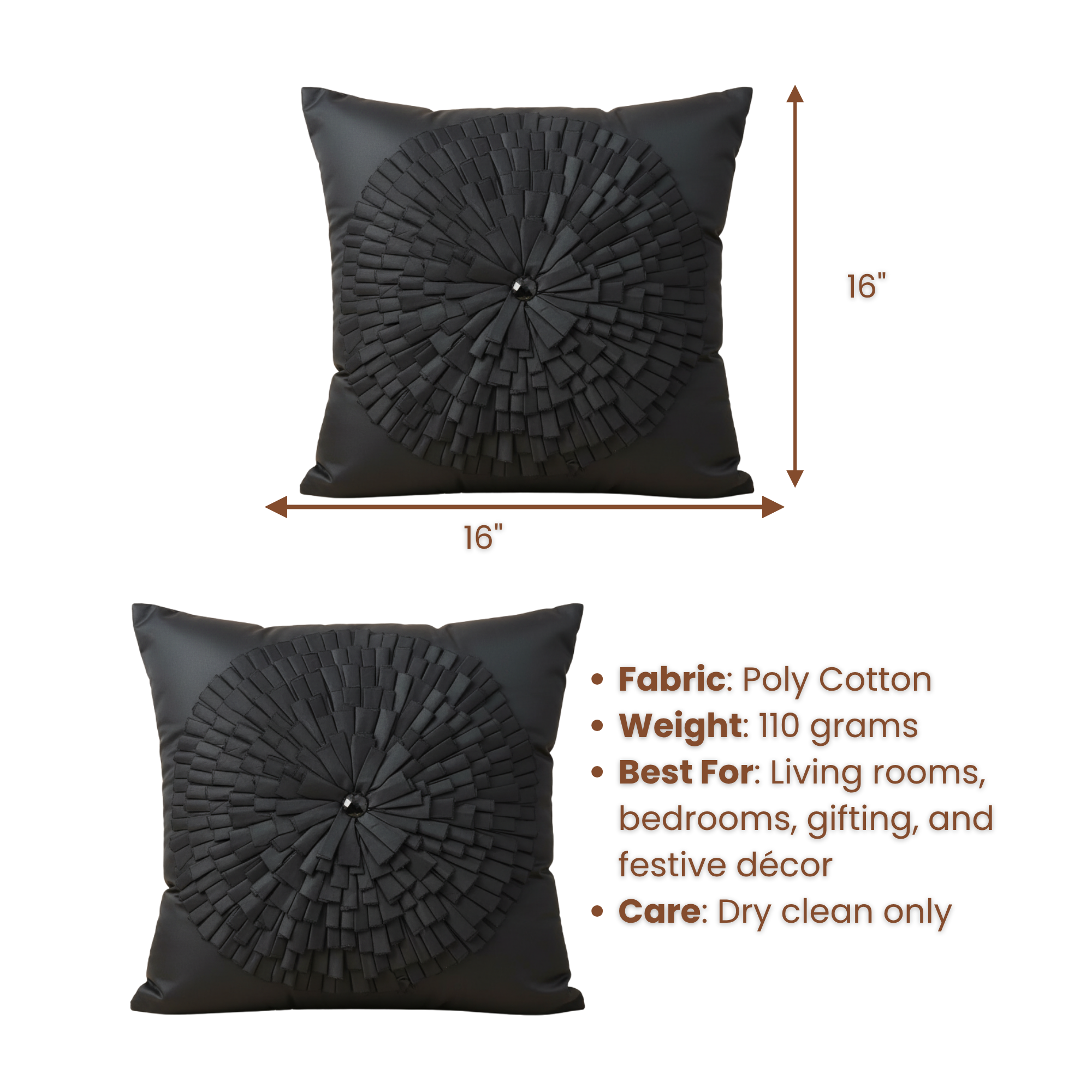 Fabric Crafted Black Cushion Cover – 16"x16" | Premium Poly Cotton