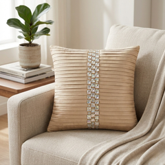 Hand Crafted Cushion Cover – Beige | 12"x12" | Poly Cotton | Pleated Stone Strip Design