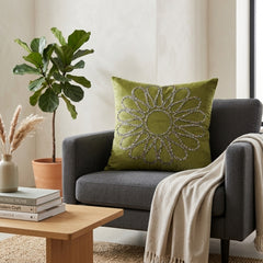 Hand Crafted Cushion Cover – Green | 16"x16" | Poly Cotton Fabric | Floral Design