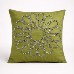 Hand Crafted Cushion Cover – Green | 16"x16" | Poly Cotton Fabric | Floral Design