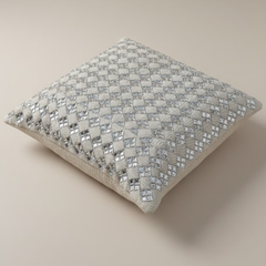 Handcrafted White Cushion Cover – 12"x12" | Elegant Silver Geometric Embroidery | Premium Poly Cotton