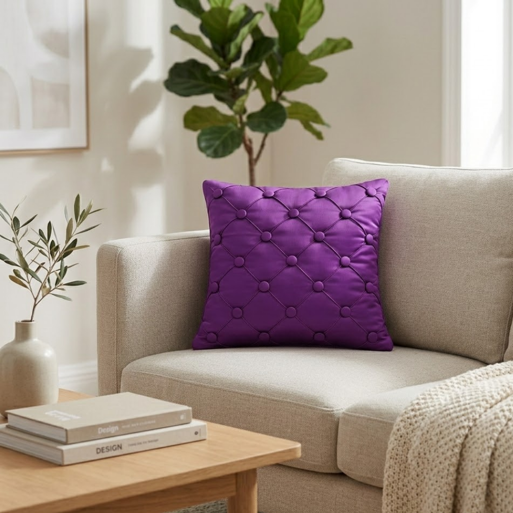 Hand Crafted Cushion Cover – Purple | 12"x12" | Poly Cotton | Elegant Button Tufted Design