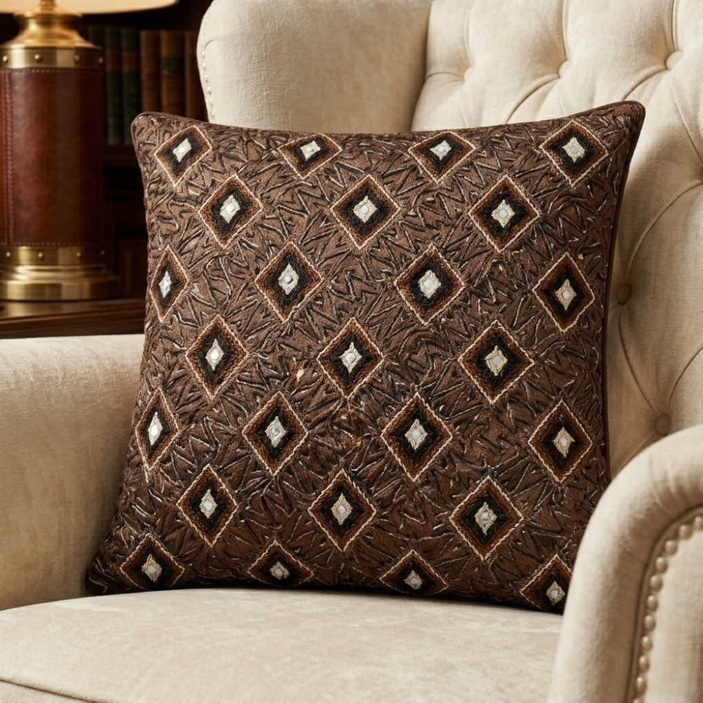 Handcrafted Cushion Cover – Brown | 16"x16" | Poly Cotton Foam Fabric | Diamond Motif Textured Design