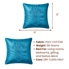 Hand Crafted Cushion Cover – Blue | 12"x12" | Poly Cotton | Embroidered Floral Design