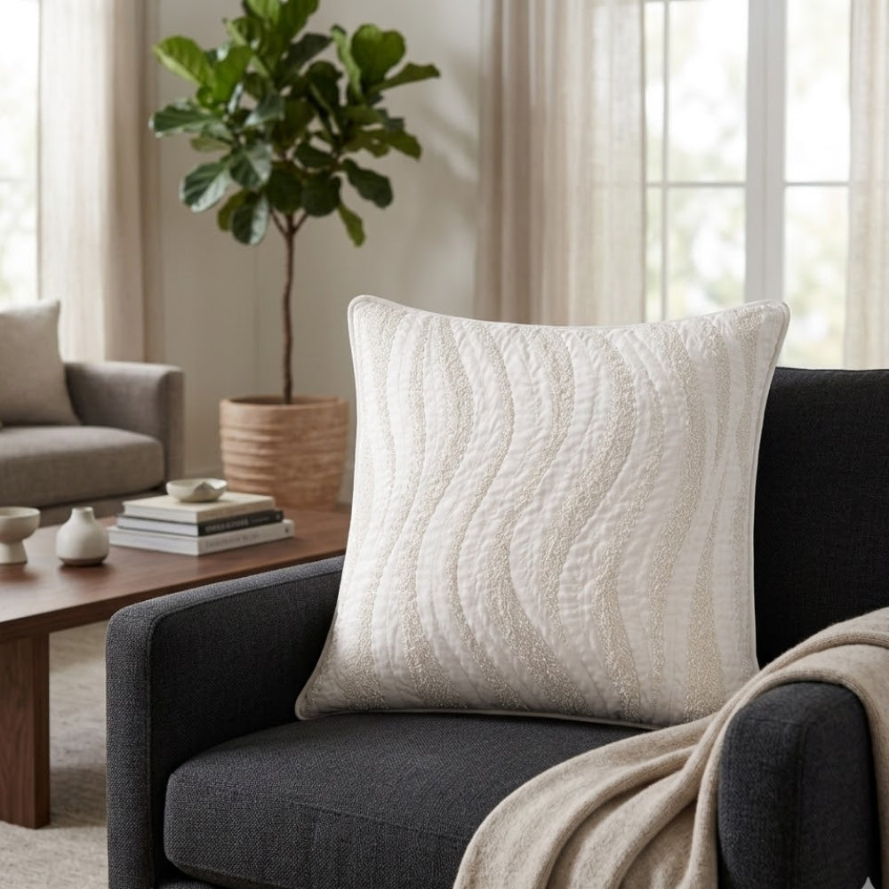 Cream Textured Decorative Cushion Cover | 16"x16" Modern Wave Pattern Cushion Cover