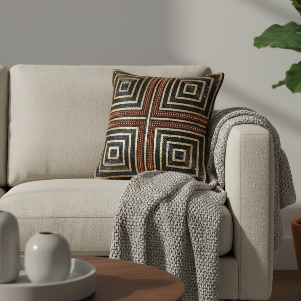 Handcrafted Black Cushion Cover – 16"x16" | Heavy Poly Cotton | Premium Embroidered Square Pattern