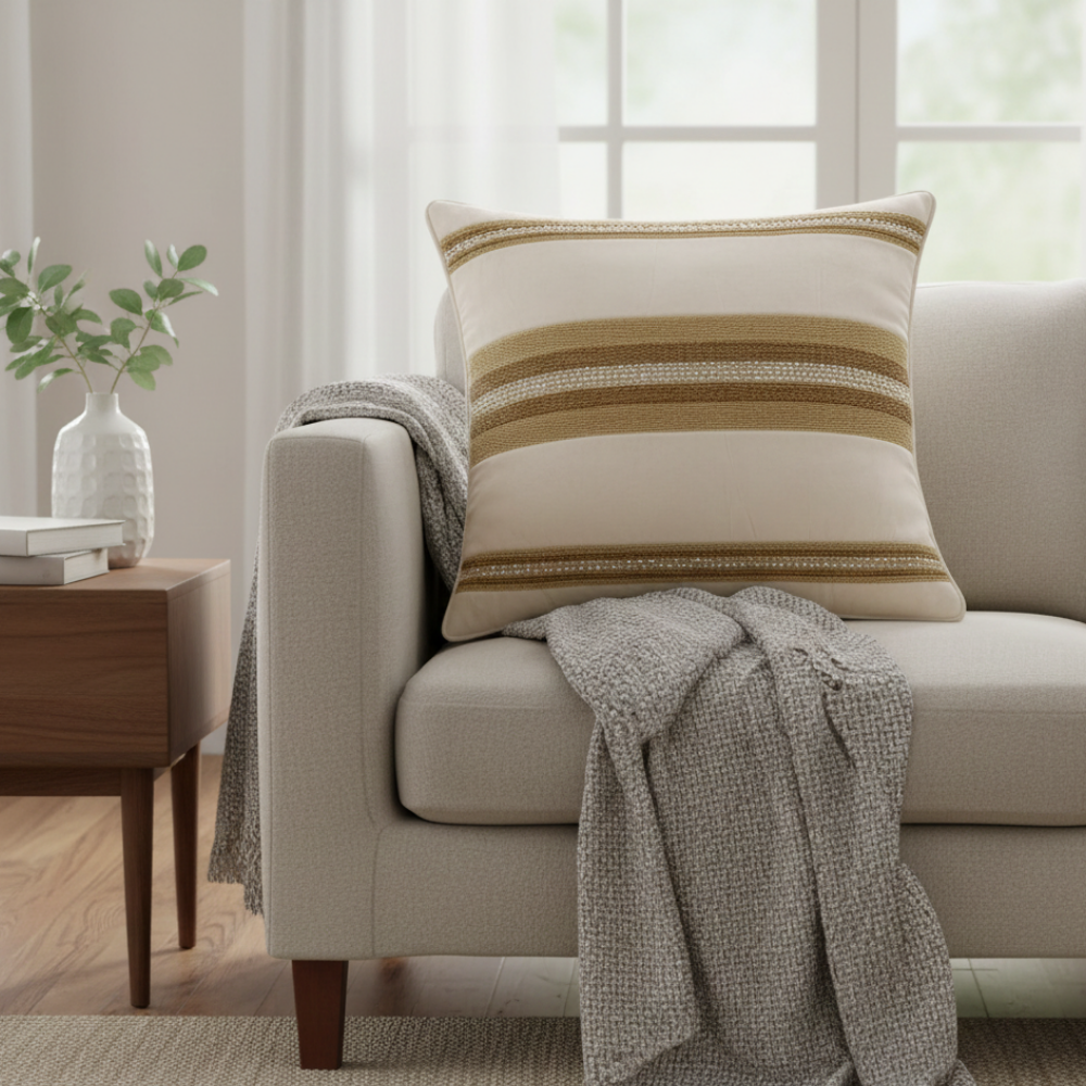 Handcrafted Cream Cushion Cover – 16"x16" | Striped Embellished Design | Premium Poly Cotton