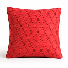 Fabric Crafted Cushion Cover – Red | 16"x16" | Poly Cotton Fabric | Elegant Embossed Wavy Pattern Design