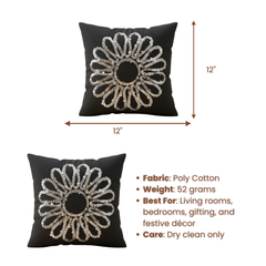 Handcrafted Black Floral Cushion Cover – 12"x12", Premium Poly Cotton