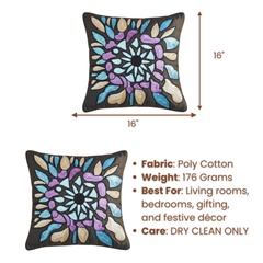 Handcrafted Black Cushion Cover – 16"x16" | Premium Poly Cotton | Multicolor Embroidered Mosaic Design