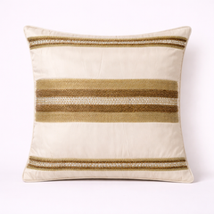 Handcrafted Cream Cushion Cover – 16"x16" | Striped Embellished Design | Premium Poly Cotton