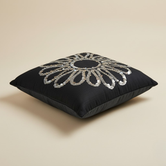 Handcrafted Black Floral Cushion Cover – 12"x12", Premium Poly Cotton