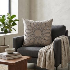 Hand Crafted Cushion Cover – Cream | 16"x16" | Poly Cotton Fabric | Floral Design