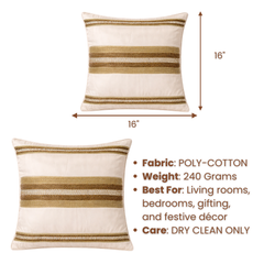 Handcrafted Cream Cushion Cover – 16"x16" | Striped Embellished Design | Premium Poly Cotton