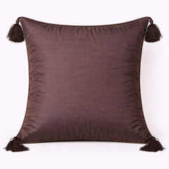 Handcrafted Brown Cushion Cover – 16"x16" | Square Embellished Design with Tassels | Premium Poly Cotton