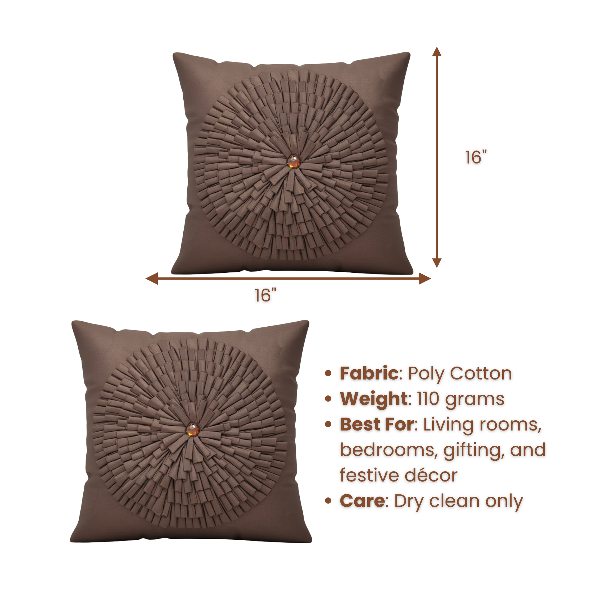 Fabric Crafted Brown Cushion Cover – 16"x16" | Premium Poly Cotton
