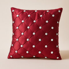 Handcrafted Maroon Cushion Cover – 16"x16" | Poly Cotton | Diamond-Quilted Texture with Crystal Accents | Luxurious Festive Décor