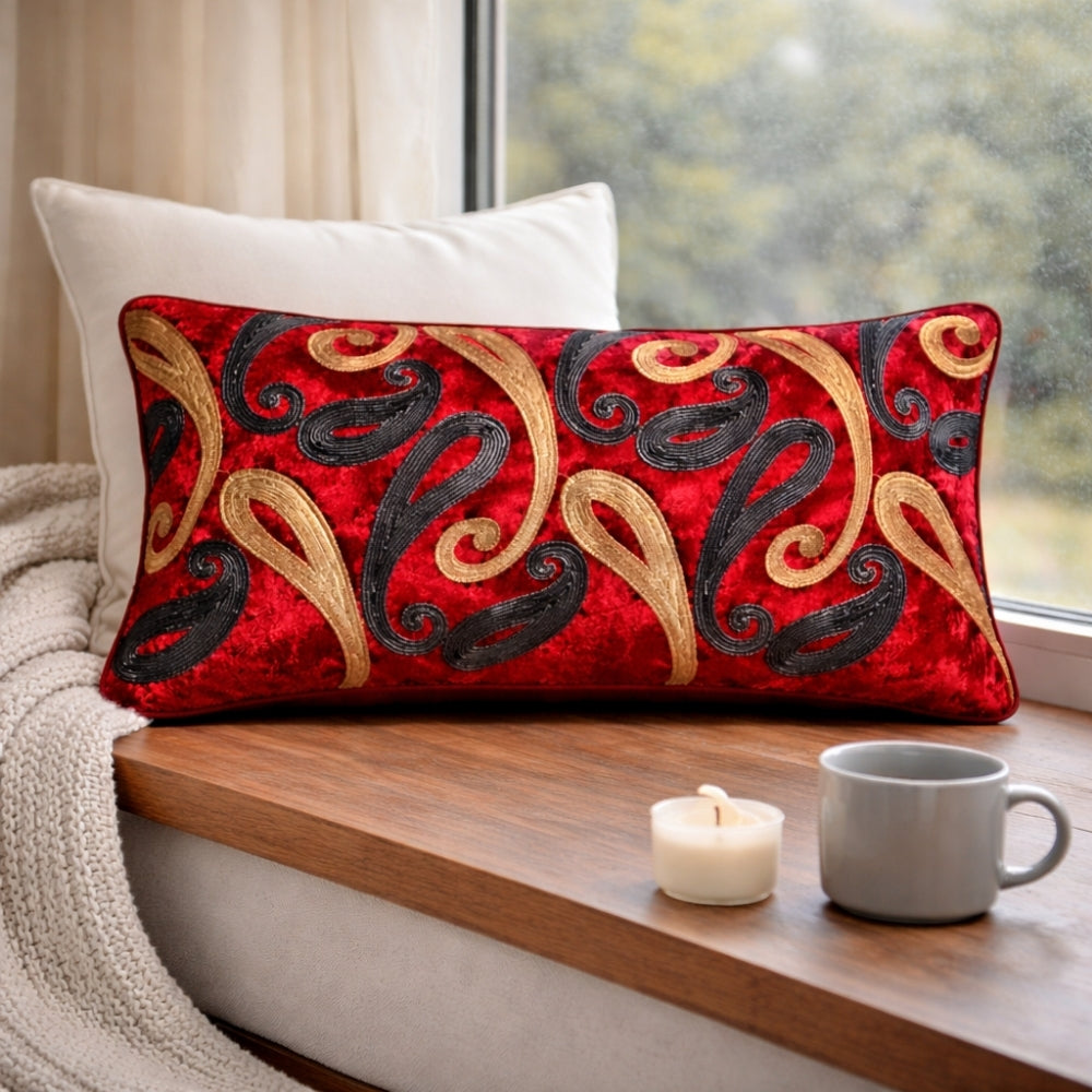 Machine Crafted Bolster Cover – Maroon | 20"x8" | Poly Chenille Fabric | Embroidered Abstract Design