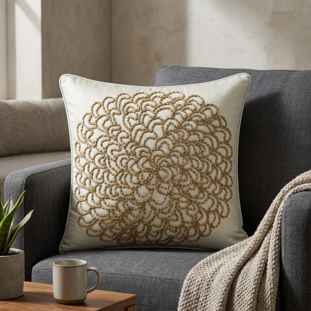 Machine Crafted Cream Cushion Cover – 12"x12" | Elegant Gold Floral Embroidery | Premium Poly-Cotton Decorative Cushion Cover
