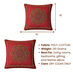 Handcrafted Maroon Cushion Cover – 16"x16" | Classic Mandala Embroidery | No Tassels | Premium Poly Cotton