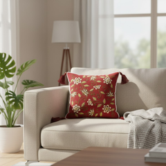 Machine-Crafted Maroon Cushion Cover – 12"x12", Floral Embroidered Design with Tassels | Premium Poly Cotton