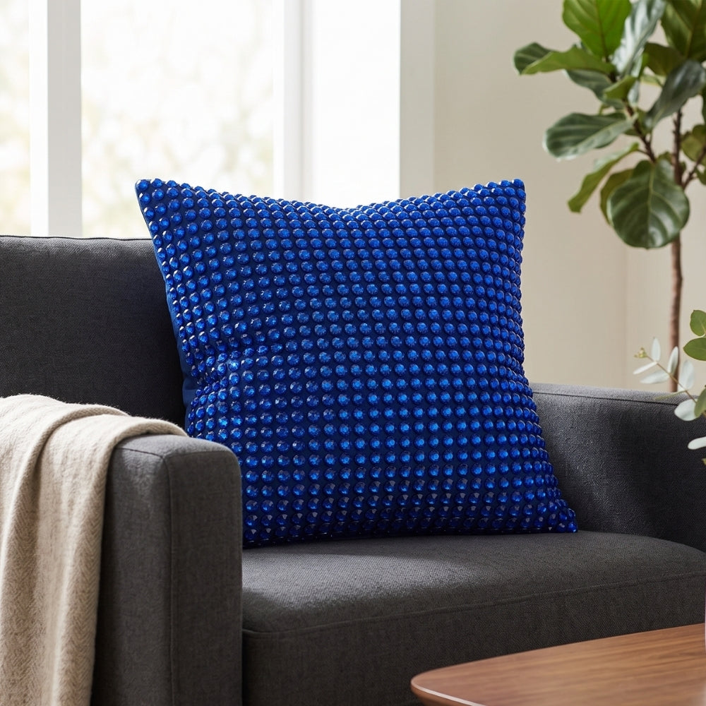 Handcrafted Blue Beaded Cushion Cover – 16"x16" | Premium Poly Cotton | Elegant Handcrafted Design