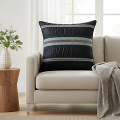 Handcrafted Black Cushion Cover – 16"x16" | Striped Embellished Design | Premium Poly Cotton