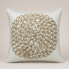 Machine Crafted Cream Cushion Cover – 12"x12" | Elegant Gold Floral Embroidery | Premium Poly-Cotton Decorative Cushion Cover
