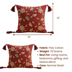 Machine-Crafted Maroon Cushion Cover – 12"x12", Floral Embroidered Design with Tassels | Premium Poly Cotton