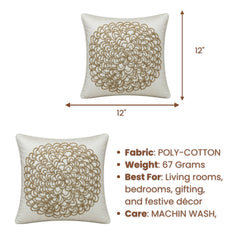 Machine Crafted Cream Cushion Cover – 12"x12" | Elegant Gold Floral Embroidery | Premium Poly-Cotton Decorative Cushion Cover