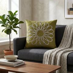 Hand Crafted Cushion Cover – Light Green | 16"x16" | Poly Cotton Fabric | Floral Design