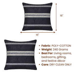 Handcrafted Black Cushion Cover – 16"x16" | Striped Embellished Design | Premium Poly Cotton