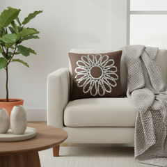 Handcrafted Brown Floral Cushion Cover – 12"x12", Premium Poly Cotton