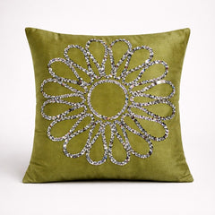 Hand Crafted Cushion Cover – Light Green | 16"x16" | Poly Cotton Fabric | Floral Design