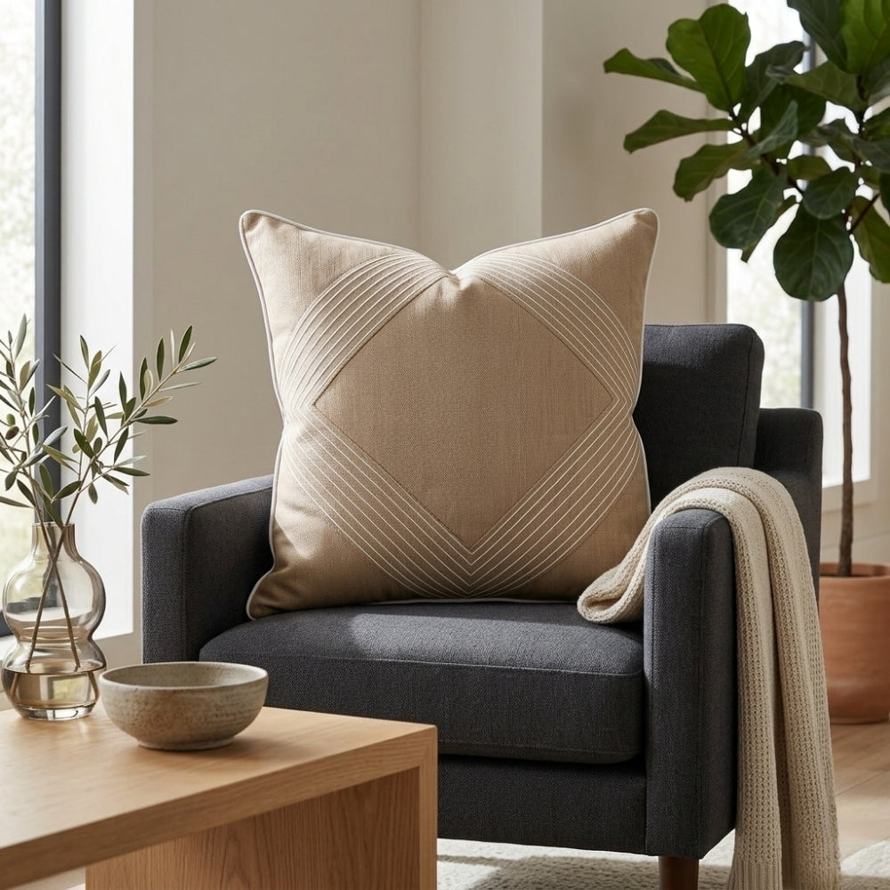 Fabric Crafted Cushion Cover – Camel | 16"x16" | Poly Cotton | Elegant Stitched Geometric Design