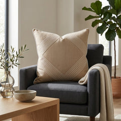 Fabric Crafted Cushion Cover – Camel | 16"x16" | Poly Cotton | Elegant Stitched Geometric Design