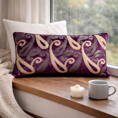 Machine Crafted Bolster Cover – Purple | 20"x8" | Poly Chenille Fabric | Embroidered Abstract Design