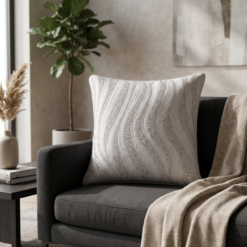 Grey Textured Decorative Cushion Cover | 16"x16" Modern Wave Pattern Cushion Cover