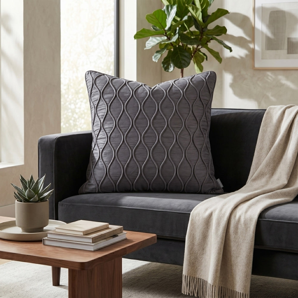 Fabric Crafted Cushion Cover – Black | 16"x16" | Poly Cotton Fabric | Elegant Embossed Wavy Pattern Design