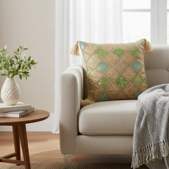 Handcrafted Rust Cushion Cover – 16"x16" | Diamond Patchwork Embroidery | Tassel Detailing | Premium Poly Cotton