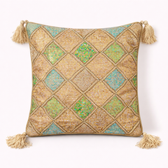 Handcrafted Rust Cushion Cover – 16"x16" | Diamond Patchwork Embroidery | Tassel Detailing | Premium Poly Cotton