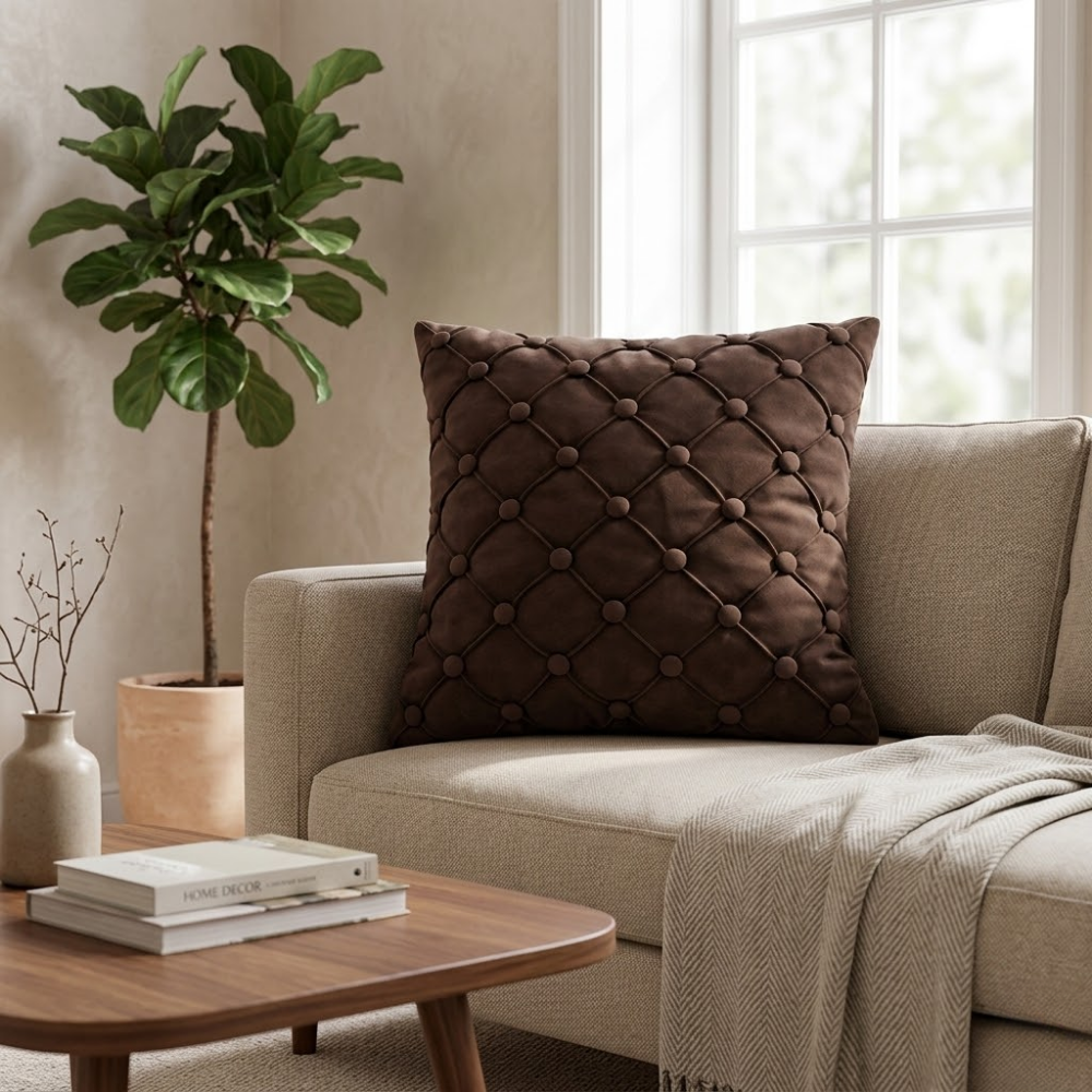 Hand Crafted Cushion Cover – Clay | 16"x16" | Poly Cotton | Classic Button Tufted Design