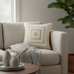 Hand-Crafted White Cushion Cover – 16"x16", Silver Square Embellished Design | Premium Poly Cotton