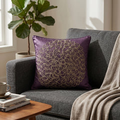Machine Crafted Purple Cushion Cover – 12"x12" | Elegant Gold Floral Embroidery | Premium Poly-Cotton Decorative Cushion Cover